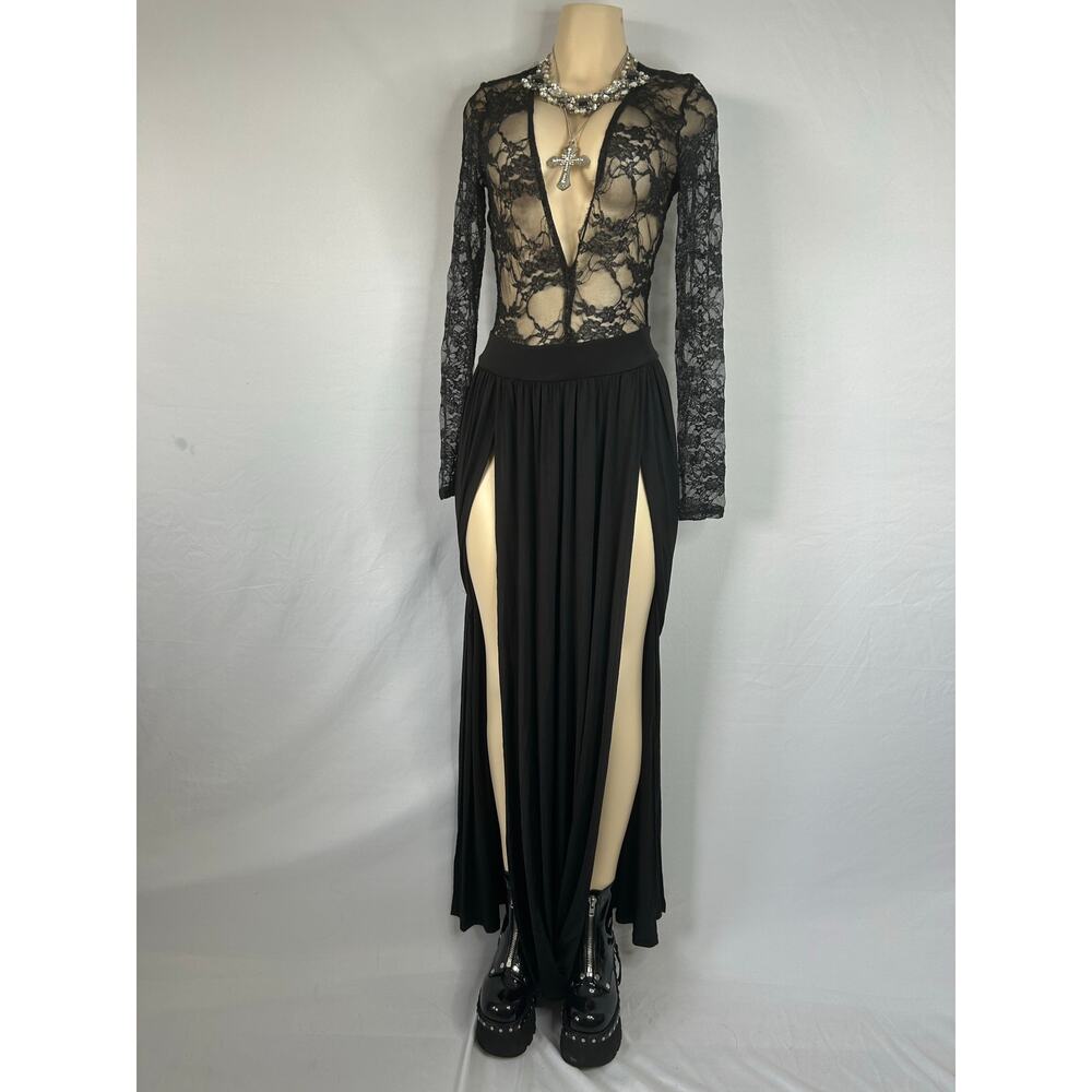 Vintage Goodtime USA Sheer Lace Maxi Dress Double Slit Goth Grunge